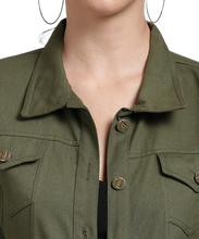Women Solid Green Denim Jacket, Women
