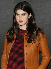 Alexandra Daddario Brown Leather Jacket With Fur Trim