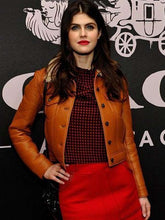 Alexandra Daddario Brown Leather Jacket With Fur Trim