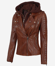 Women Leather Jacket With Hood Cognac