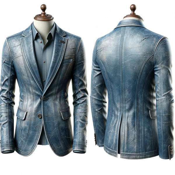 Vintage Denim-Style Leather Blazer For Men