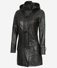 Women Long Coat - Real Leather Zip Up