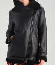 Black Shearling Leather Womens Aviator Jacket