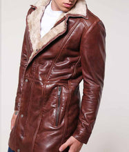 Mens Brown Leather Mid-Length Shearling Coat