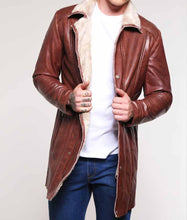 Mens Brown Leather Mid-Length Shearling Coat