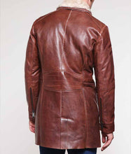 Mens Brown Leather Mid-Length Shearling Coat