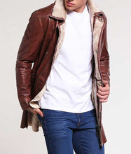 Mens Brown Leather Mid-Length Shearling Coat