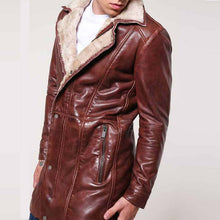 Mens Brown Leather Mid-Length Shearling Coat