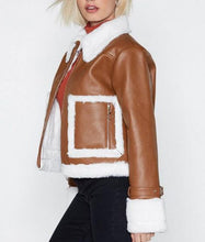 Brown Cropped Aviator Leather Jacket