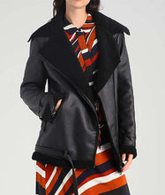 Black Shearling Leather Womens Aviator Jacket