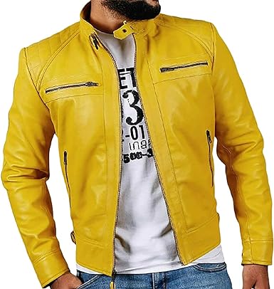 MEN’S YELLOW CAFE RACER LEATHER BIKER JACKET