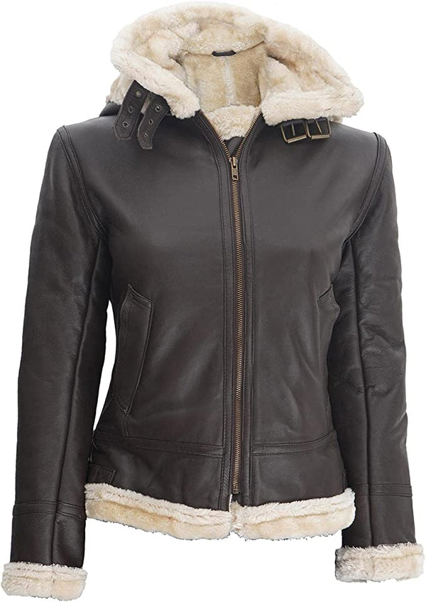 B3 Pilot Aviator Shearling Jacket Women, Hooded