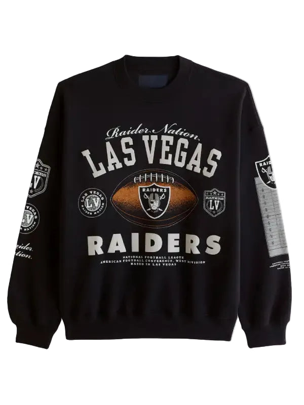 A black crewneck sweatshirt featuring the Las Vegas Raiders logo and name in white and silver, with a central brown football graphic, shown on a light gray background.