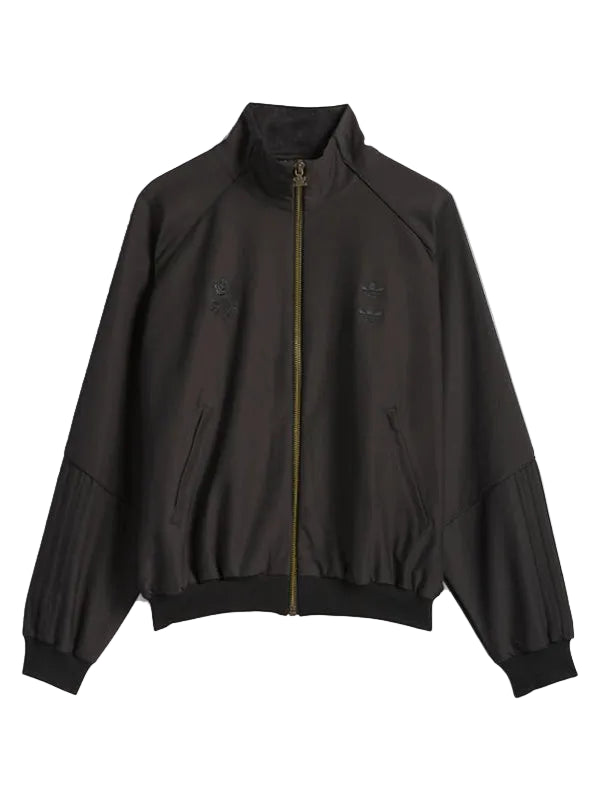 A dark brown zip-up jacket with a stand-up collar, ribbed cuffs and hem, and subtle tonal embroidered logos on the chest, displayed against a light gray background.