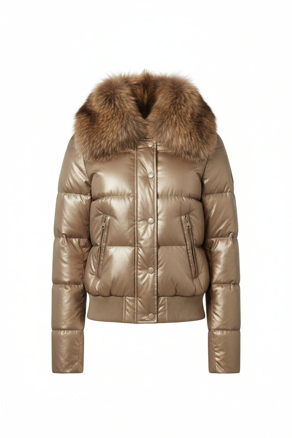 A metallic gold puffer jacket with a large brown faux-fur collar, shown against a plain white background.