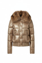 A metallic gold puffer jacket with a large brown faux-fur collar, shown against a plain white background.