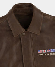 Aime Leon Dore brown leather jacket with rib-knitted cuffs and pockets