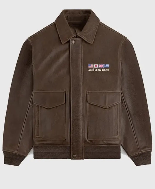 Aime Leon Dore brown leather jacket with rib-knitted cuffs and pockets