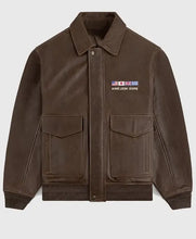 Aime Leon Dore brown leather jacket with rib-knitted cuffs and pockets