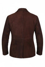 A dark brown suede or nubuck blazer jacket shown from the back, featuring a collar and long sleeves, with a watermark overlay at the bottom.
