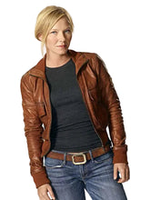 Kelli Giddish inspired brown real leather zip-up jacket