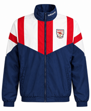 A vintage Adidas track jacket featuring a navy blue, white, and red color-blocked design with the Arsenal football club crest on the left chest.