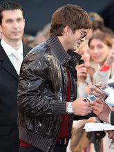Ashton Kutcher brown jacket with rib-knitted cuffs