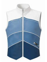 A sleeveless zip-front vest with a white collar and white piping, featuring color-blocked panels in white, light blue, and dark blue on a plain white background.