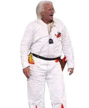 A man wearing a white jumpsuit with red, yellow, and black graphics, including a black belt and a small black pouch at the waist, isolated on a white background.