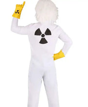 A person wearing a white radiation-themed costume with a large black trefoil symbol on the back, yellow gloves, and a white fuzzy wig, photographed against a plain white background.