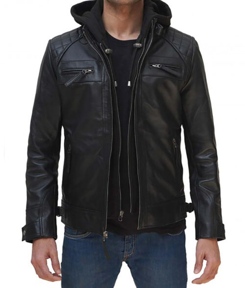 Benedict Men’s Hooded Leather Racer Jacket