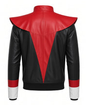 A black faux leather jacket with a bold red geometric design on the shoulders and center back, and white accents at the cuffs, shown from the rear on a white background.