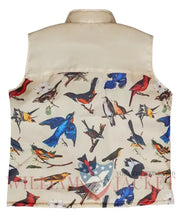 A sleeveless cream-colored vest featuring a colorful all-over print of various birds in blue, red, orange, and black, shown against a plain white background.