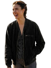 Black cotton bomber jacket with three front pockets and one inside pocket