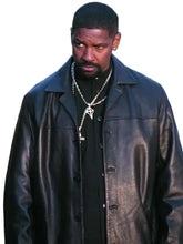 Denzel Washington inspired black leather outerwear with viscose lining