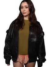 Cristin Milioti black leather jacket with shirt style collar