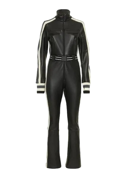 Front view of black leather jumpsuit with contrast detailing