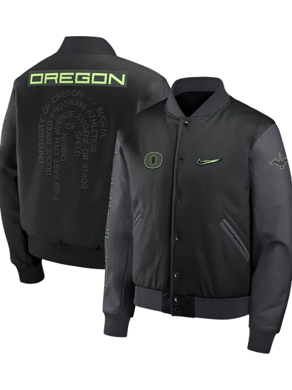 Unisex Oregon Ducks 2026 black varsity bomber jacket front view