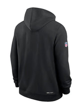 A black Nike Dri-FIT hoodie shown from the back, featuring a small NFL shield logo on the left sleeve and 'DRI-FIT' text near the bottom hem, set against a light gray background.