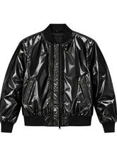 A shiny black bomber jacket with a glossy patent-like finish, front zipper, ribbed collar, cuffs, and hem, shown on a light gray background.