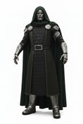 A hooded armored figure with a metallic face mask stands against a dramatic cloudy sky with bright sunlight breaking through. The figure wears dark textured armor with a circular emblem on the chest and a glowing blue light near the shoulder.