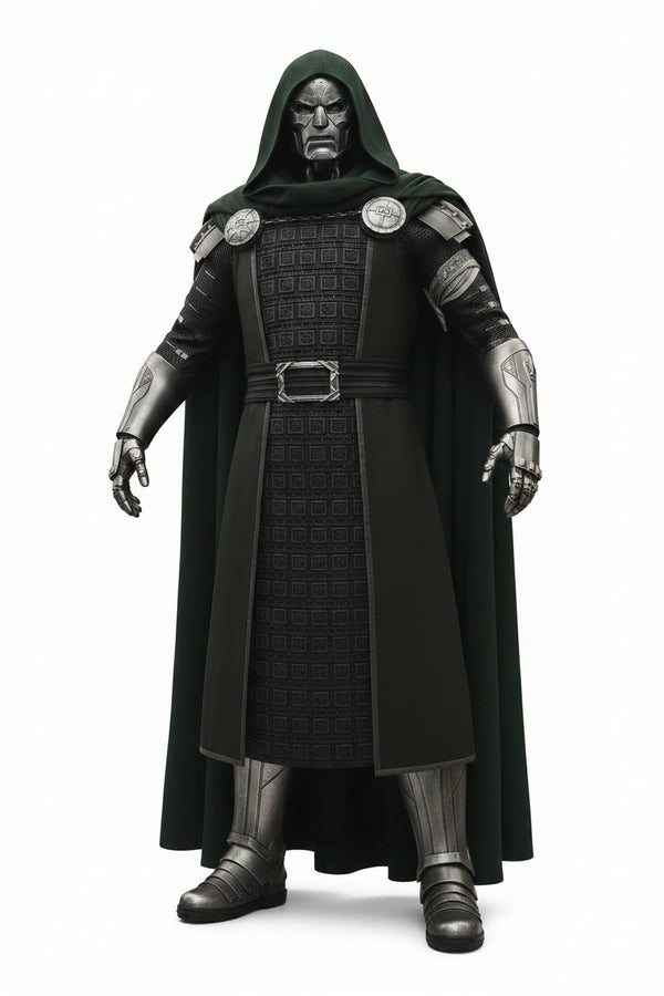 A hooded armored figure with a metallic face mask stands against a dramatic cloudy sky with bright sunlight breaking through. The figure wears dark textured armor with a circular emblem on the chest and a glowing blue light near the shoulder.