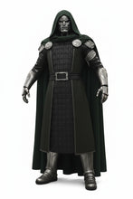 A hooded armored figure with a metallic face mask stands against a dramatic cloudy sky with bright sunlight breaking through. The figure wears dark textured armor with a circular emblem on the chest and a glowing blue light near the shoulder.