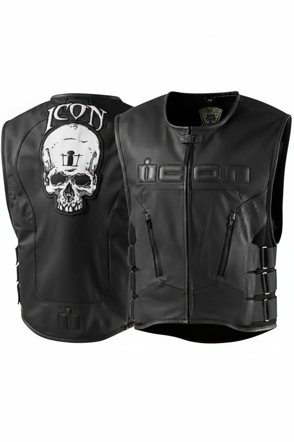 Black leather motorcycle vest shown from both front and back. The front features a central zipper, zippered pockets, and embossed 'ICON' branding.