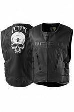 Black leather motorcycle vest shown from both front and back. The front features a central zipper, zippered pockets, and embossed 'ICON' branding.