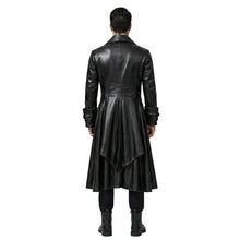 A man viewed from behind wearing a long black leather trench coat with a draped, asymmetrical hem, black trousers, and black boots against a light gray studio background.