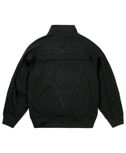 Black Palace zip-up jacket shown from the back, featuring a subtle tonal 'PALACE' wordmark and a deer skull with a bullseye target graphic.
