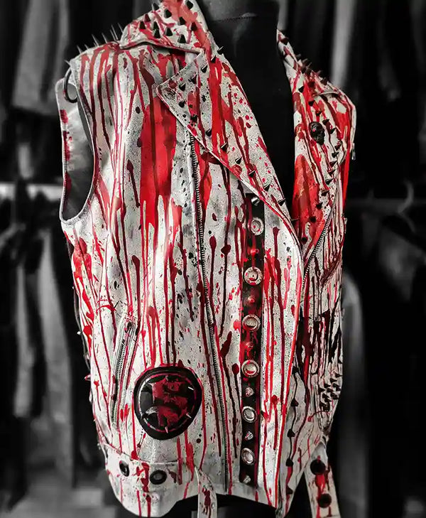 A sleeveless gothic-style vest displayed on a black mannequin torso. The vest features a white base covered in dramatic red blood-splatter and drip patterns, with black distressed detailing, silver-tone studs, and a large circular red-and-black emblem on the lower left front.