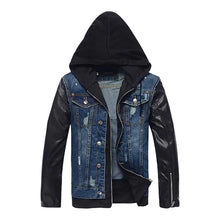 A hooded jacket featuring a blue distressed denim body with black faux-leather sleeves and a black hood, displayed on a light gray background.