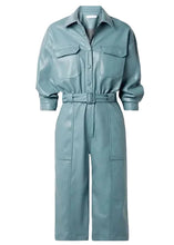 Women’s blue leather jumpsuit front view